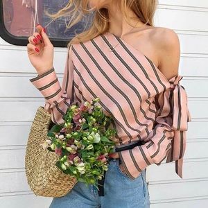 Pink/Brown Diagonal Striped One Shoulder Blouse